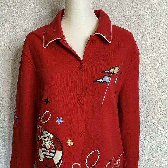 Vtg Onque casuals embroidered Red Sailor Themed Print Button Up collared sz XL - Picture 8 of 8